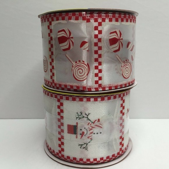 Peppermint Snowmen Candy Cane 2.5" Christmas Ribbon 4Yd Rolls Red Wreath Craft - Picture 2 of 4